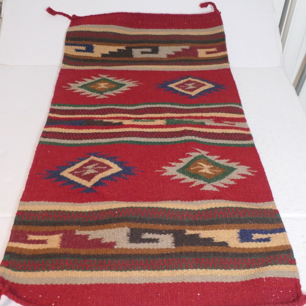 Southwestern Wool Rug 40x19 Red Zapotec Boho Tribal Handwoven Earthy Lodge Folk